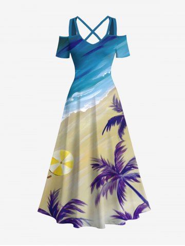 Robe longue trapèze à imprimé plage et cocotiers grande taille, style hawaïen, épaules dénudées et croisée - BLUE - S