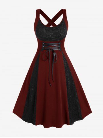 Robe midi évasée en dentelle gothique à motif tête de mort croisée - RED - 4X | US 26-28