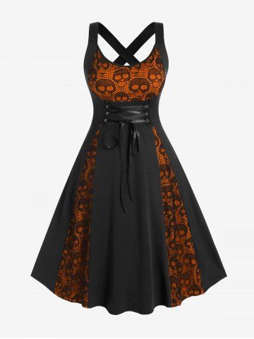 Robe midi évasée en dentelle gothique à motif tête de mort croisée - MULTI - 1X | US 14-16