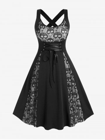 Gothic Crisscross Skull Lace Midi Flare Dress - WHITE - L | US 12