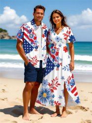 Patriotic American Flag Floral Leaves Print Plus Size Matching Hawaii Beach Outfit For Couples -  