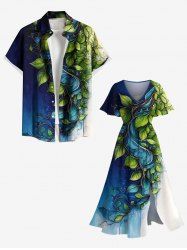 Tenue de plage hawaïenne assortie grande taille à imprimé fleurs et feuilles de la mer pour couples - Bleu 