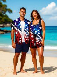 Matching Hawaii Shirt and Romper Plus Size Beach Outfit Patriotic American Flag Galaxy Printed for Couples -  