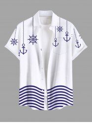 Chemise hawaïenne grande taille pour homme, motif vagues, ancre, gouvernail, pompon, imprimé croisière, boutons, poche - Blanc L