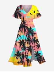 Robe mi-longue hawaïenne fendue grande taille à imprimé cocotiers et ciel coloré - Rose clair XXS