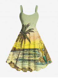 Plus Size Coconut Tree Mermaid Seascape Print Hawaii Tank Dress -  