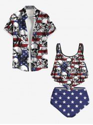 Patriotic American Flag Skulls Print Plus Size Matching Outfit For Couples -  