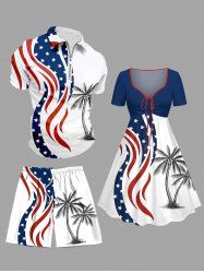 Tenue de plage hawaïenne assortie grande taille, motif drapeau américain patriotique et imprimé cocotier, pour couples - Blanc 