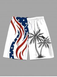 Short de plage hawaïen grande taille à imprimé cocotiers et drapeau américain patriotique pour homme - Blanc 3XL