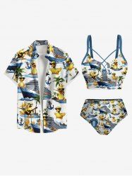 Tenue de plage hawaïenne assortie grande taille, motif cocotier, ancre de bateau à vapeur, pour couples - Blanc 