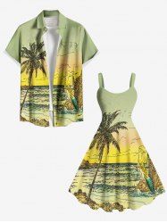 Tenue de plage hawaïenne assortie grande taille à imprimé cocotier et sirène pour couple - Vert 