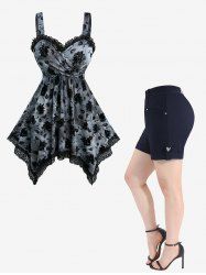 Flower Flocking Tie Dye Crossover Handkerchief Top and Roll Tab Hem Pockets Solid Shorts Plus Size Outfit -  