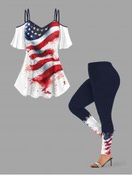 Patriotic American Flag Painting Splatter Print Cold Shoulder Cami T-shirt and Leggings Plus Size Matching Set -  