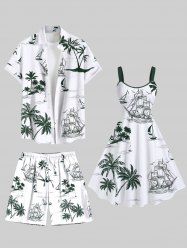 Tenue de plage hawaïenne assortie grande taille à imprimé cocotier et voilier pour couples - Blanc 