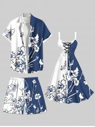 Tenue de plage hawaïenne assortie grande taille à imprimé floral contrasté et colorblock pour couples - Blanc 