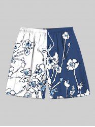 Plus Size Floral Contrast Colorblock Print Hawaii Drawstring Beach Shorts For Men -  