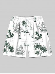 Plus Size Coconut Tree Sailboat Print Hawaii Cruise Drawstring Beach Shorts For Men -  