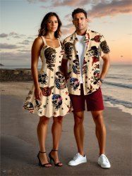 Skull Pirate Patriotic American Flag Rose Flower Print Plus Size Matching Hawaii Beach Outfit For Couples -  