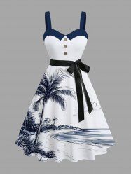 Plus Size Coconut Tree Sea Beach Print Hawaii Button A Line Tank Dress with Removable Belt -  
