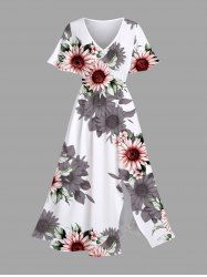 Plus Size Sunflower Leaves Print Hawaii Split Pocket A Line Midi Dress -  