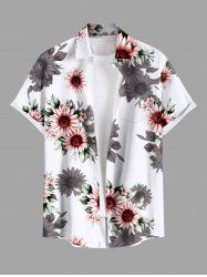 Plus Size Sunflower Leaves Print Hawaii Button Pocket Shirt For Men -  