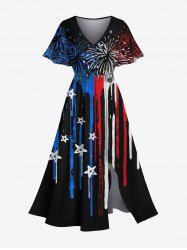 Plus Size Fireworks Patriotic American Flag Paint Drop Print Hawaii Split Pocket A Line Midi Dress -  