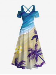 Robe longue trapèze à imprimé plage et cocotiers grande taille, style hawaïen, épaules dénudées et croisée - Bleu L
