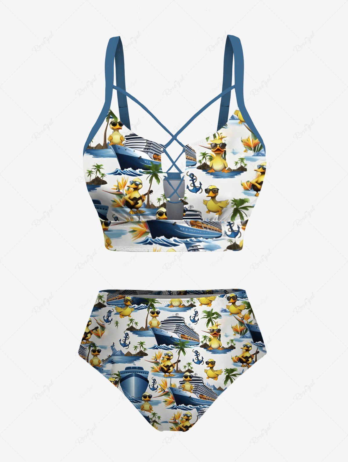 Fancy Plus Size Ducks Ship Coconut Tree Anchor Print Lace Up Panel Hawaii Tankini Swimsuit  