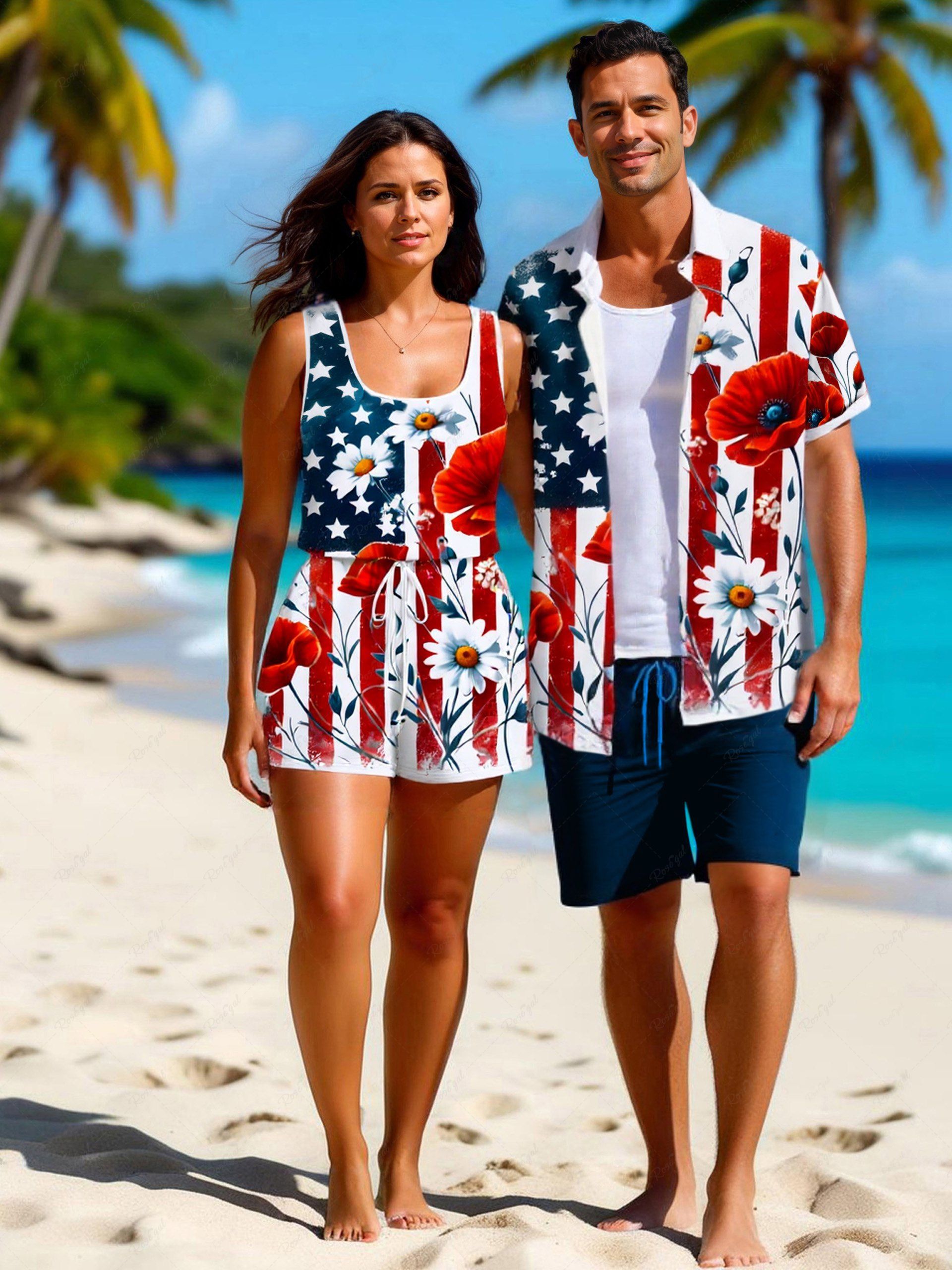Outfit Matching Hawaii Shirt and Romper Plus Size Beach Outfit Patriotic American Flag Flower Print For Couples  
