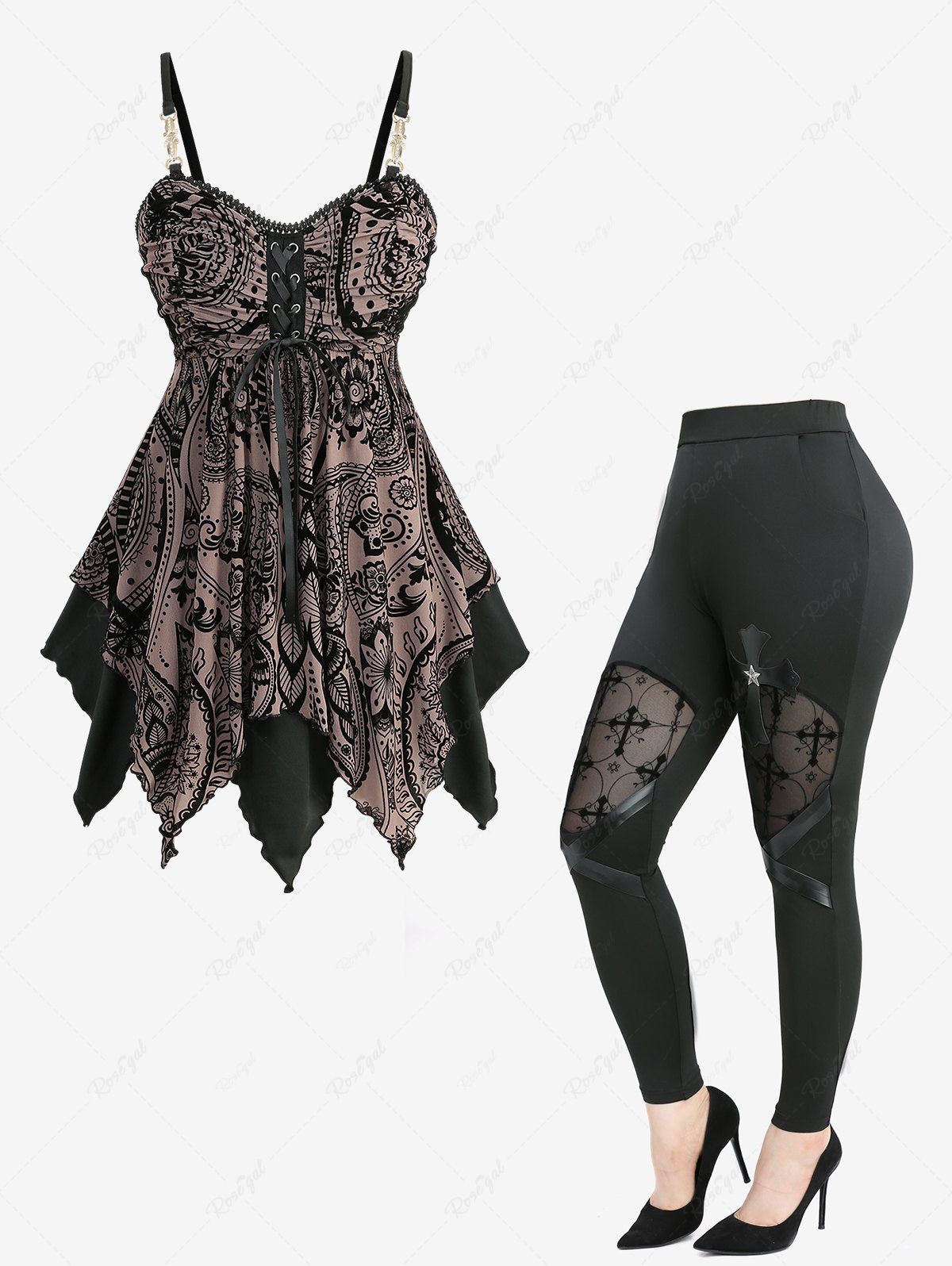 Store Flocking Lace Up Handkerchief Layered Cami Top and Patchwork PU Leather Leggings Plus Size Outfit  