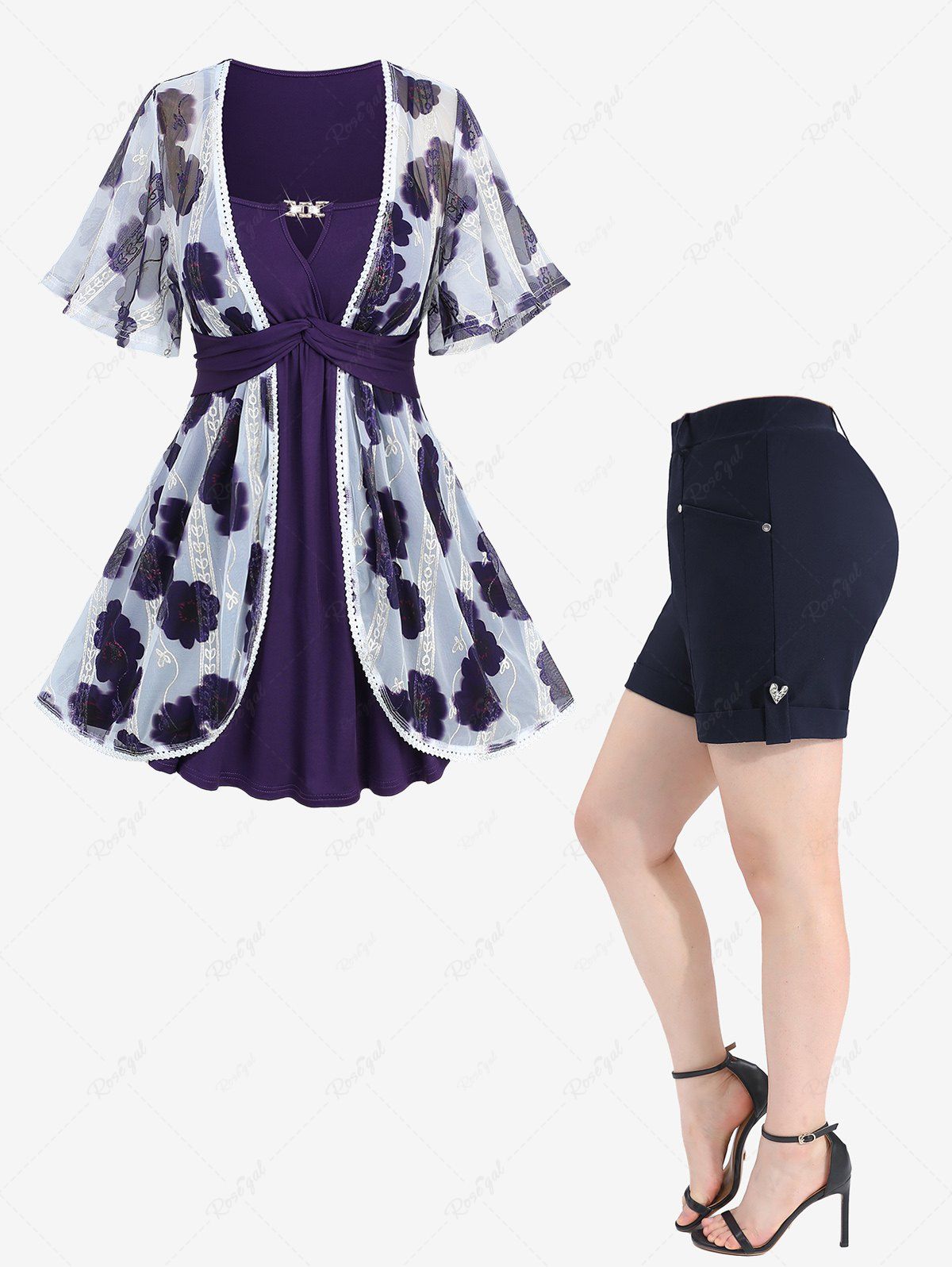 Chic Tie Dye Flower Print Mesh Jacquard Embroidered 2 in 1 Top and Roll Tab Hem Pocket Solid Shorts Plus Size Outfit  