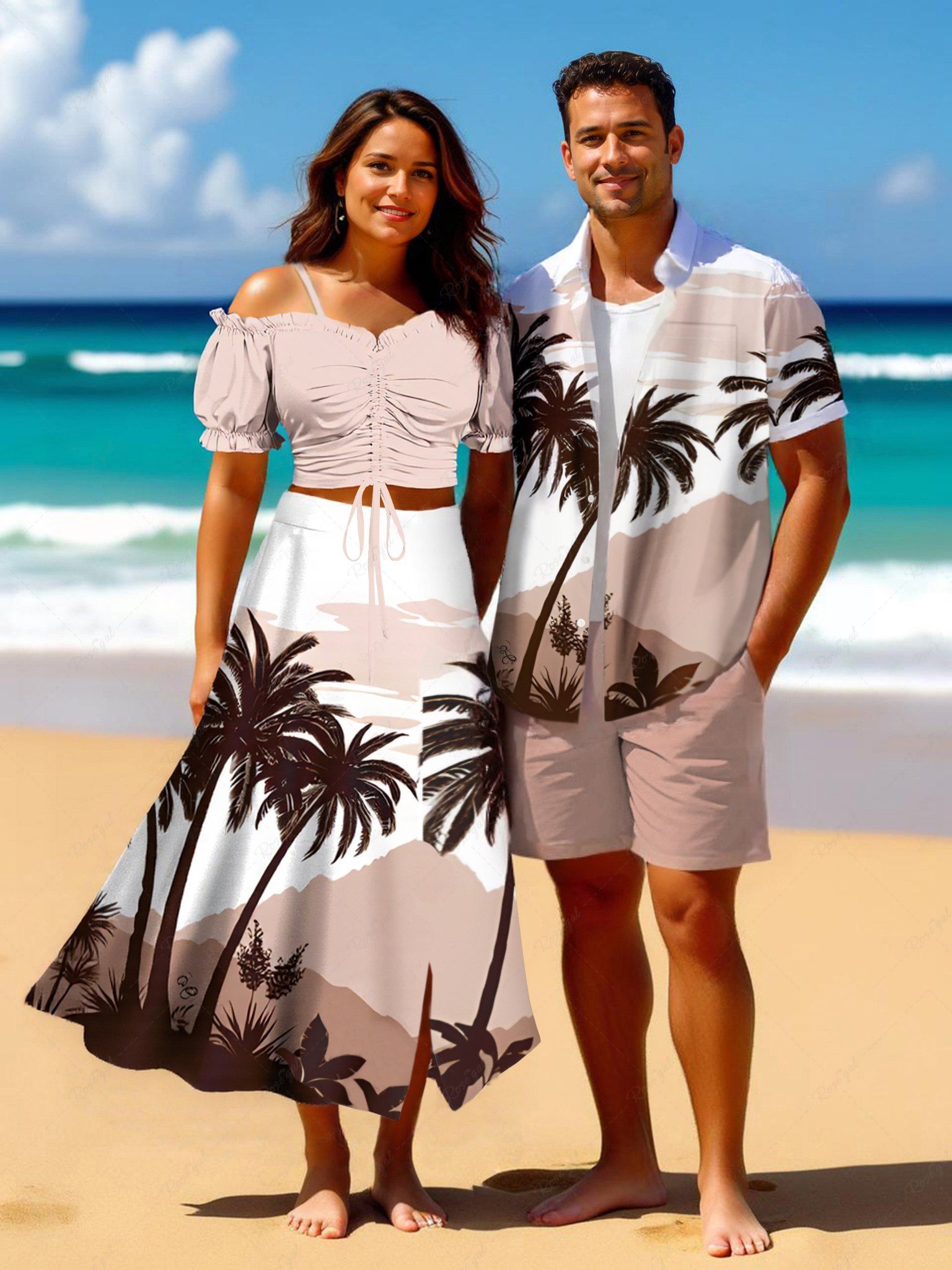 Best Coconut Tree Mountain Cloud Print Plus Size Matching Hawaii Beach Outfit For Couples  