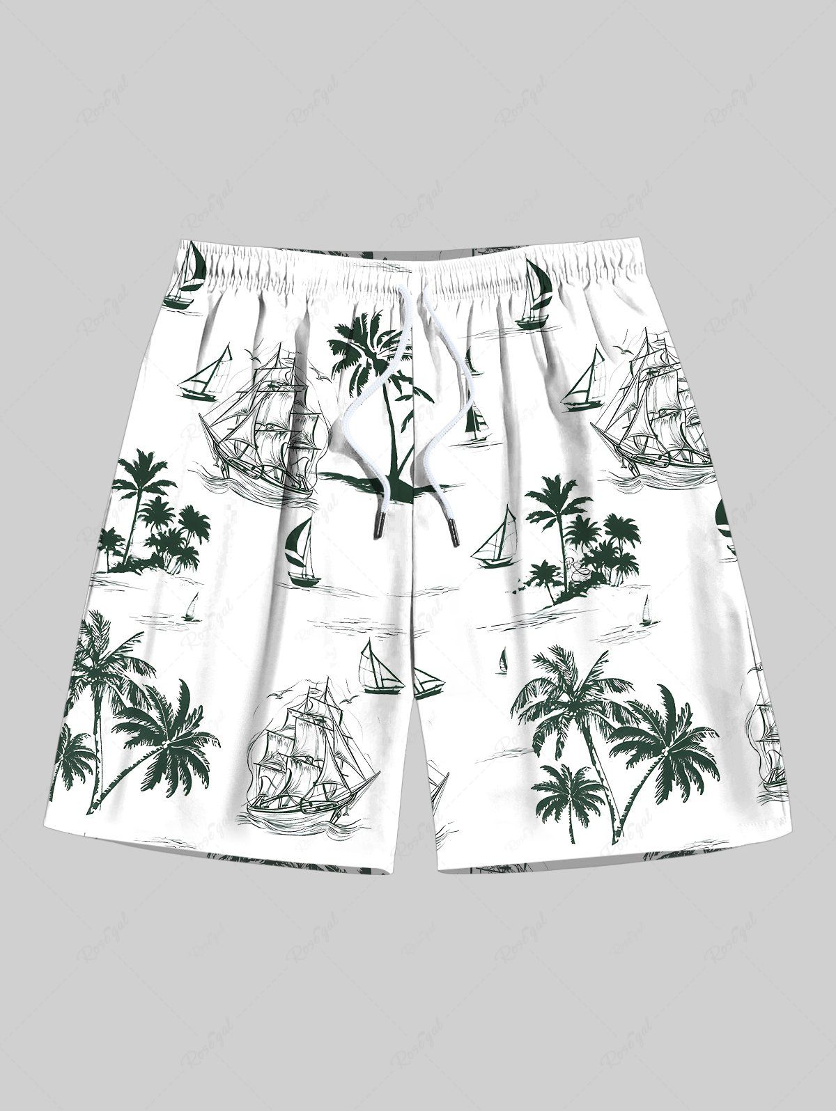Cheap Plus Size Coconut Tree Sailboat Print Hawaii Cruise Drawstring Beach Shorts For Men  