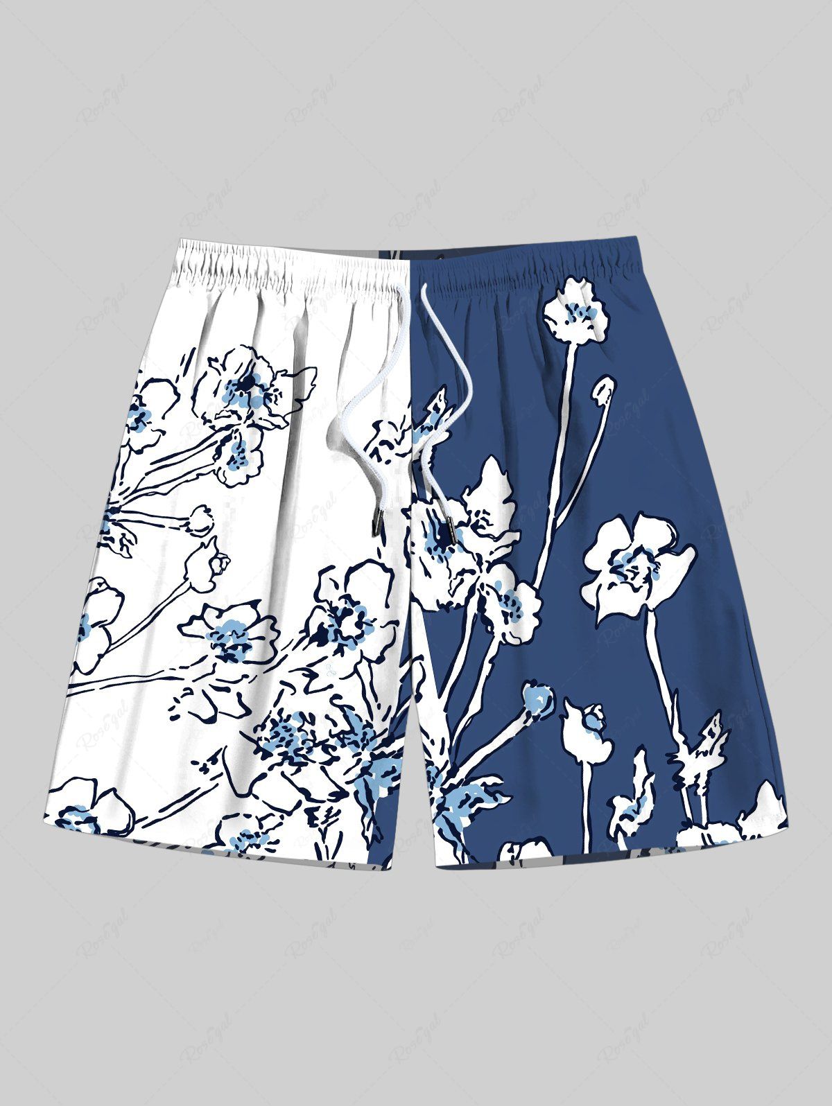 Buy Plus Size Floral Contrast Colorblock Print Hawaii Drawstring Beach Shorts For Men  