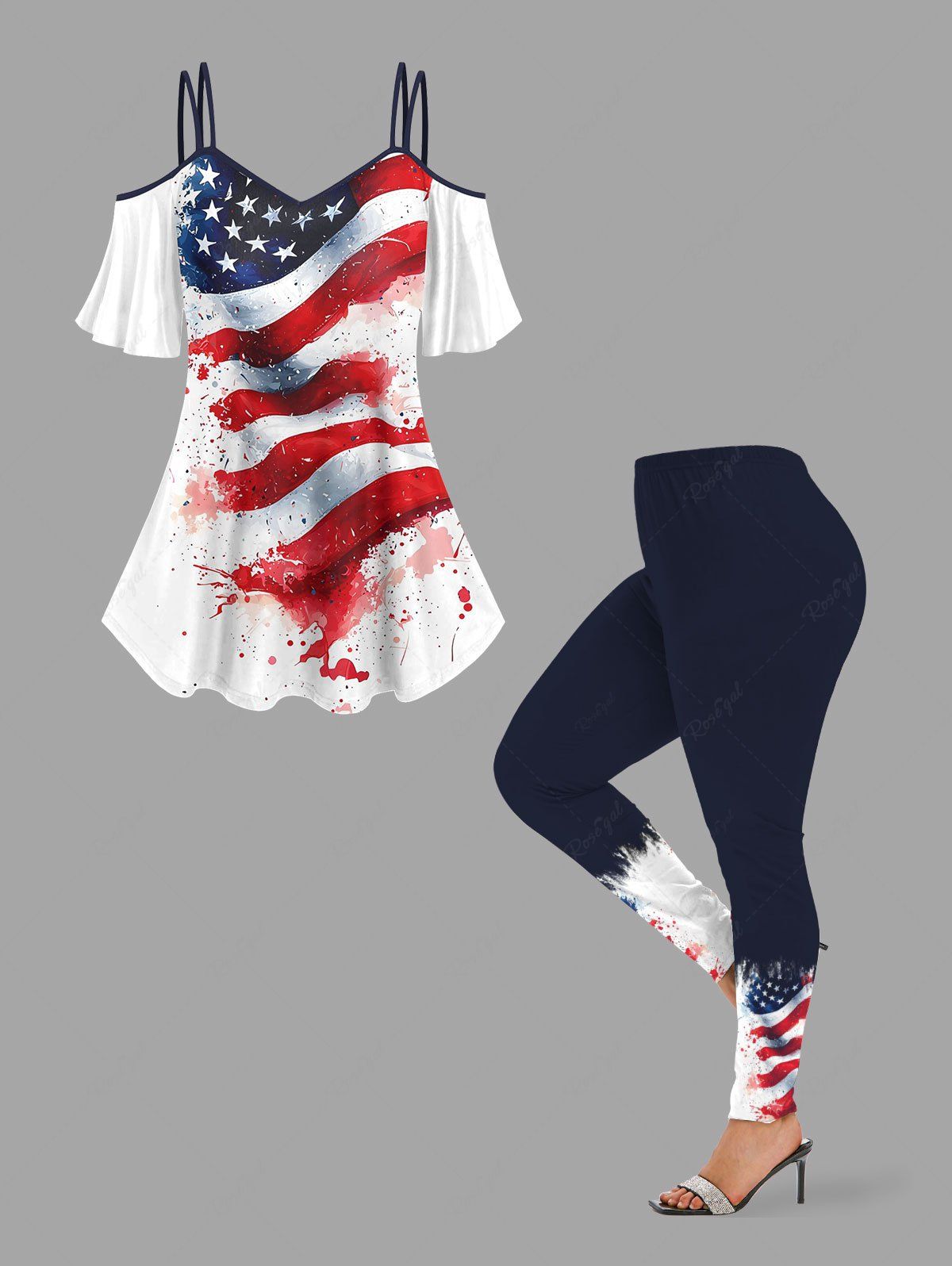 Discount Patriotic American Flag Painting Splatter Print Cold Shoulder Cami T-shirt and Leggings Plus Size Matching Set  
