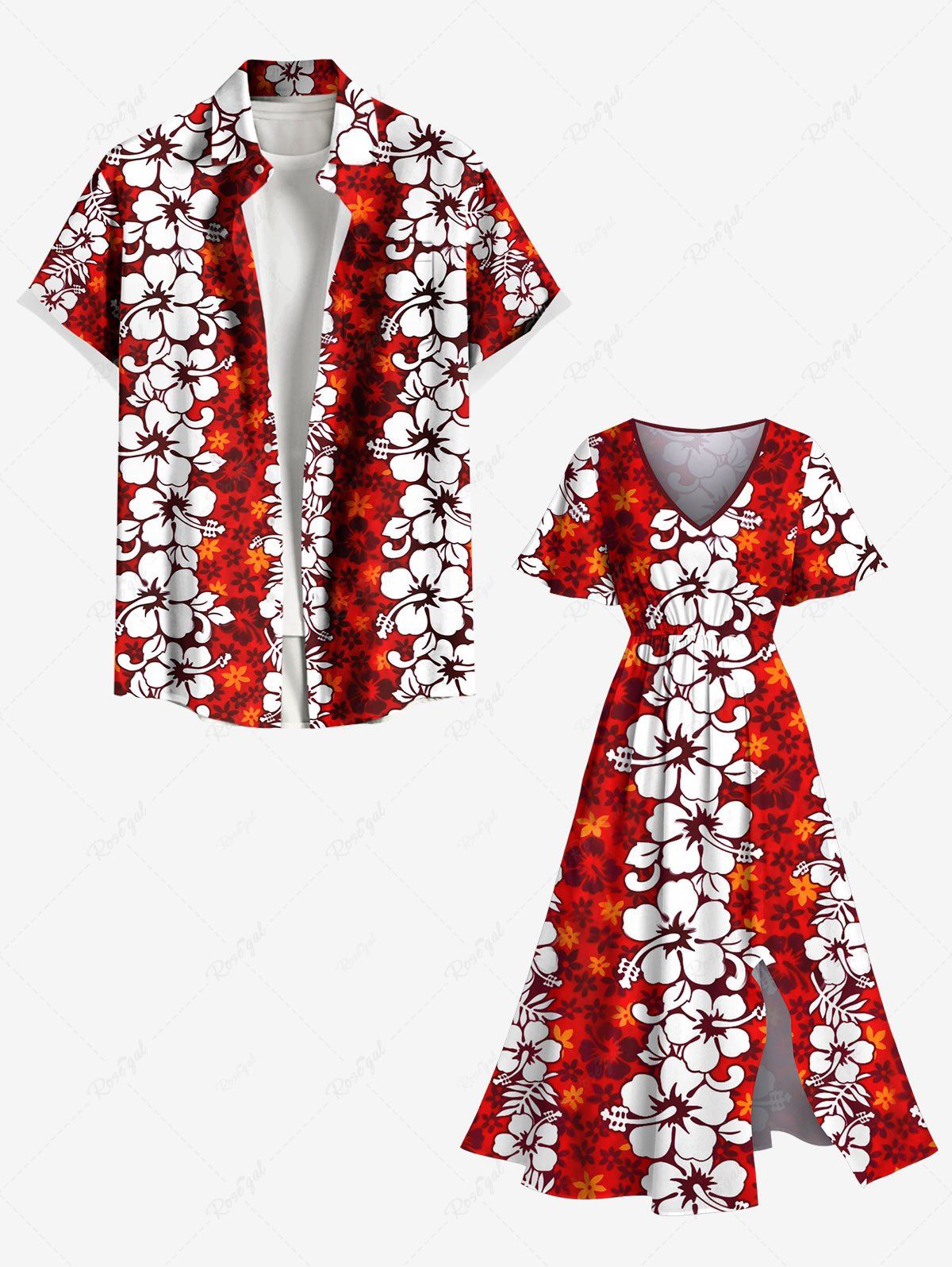 Tenue de plage hawaïenne assortie grande taille à imprimé fleurs d'hibiscus ombré pour couples Rouge 