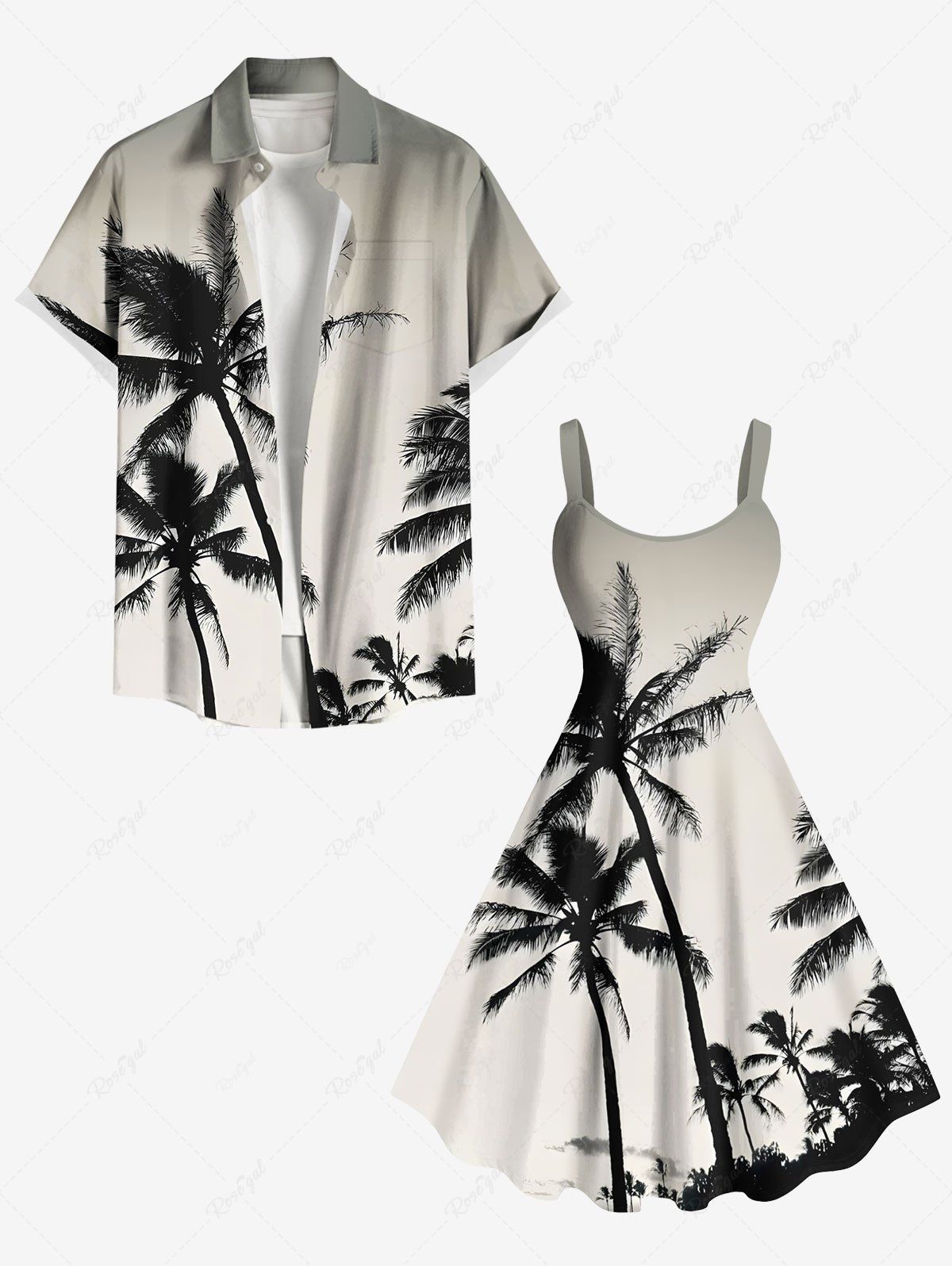Tenue de plage hawaïenne assortie grande taille à imprimé ombré cocotier pour couples Noir 