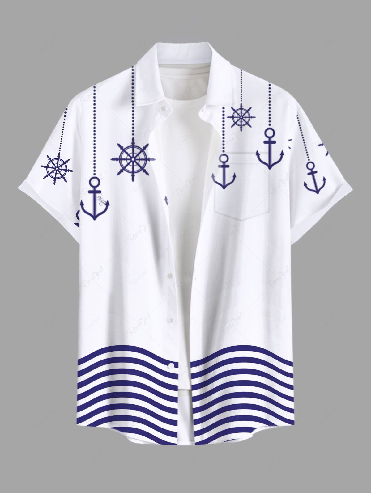 Online Plus Size Sea Waves Anchor Ship Rudder Tassel Cruise Print Buttons Pocket Hawaii Shirt For Men  