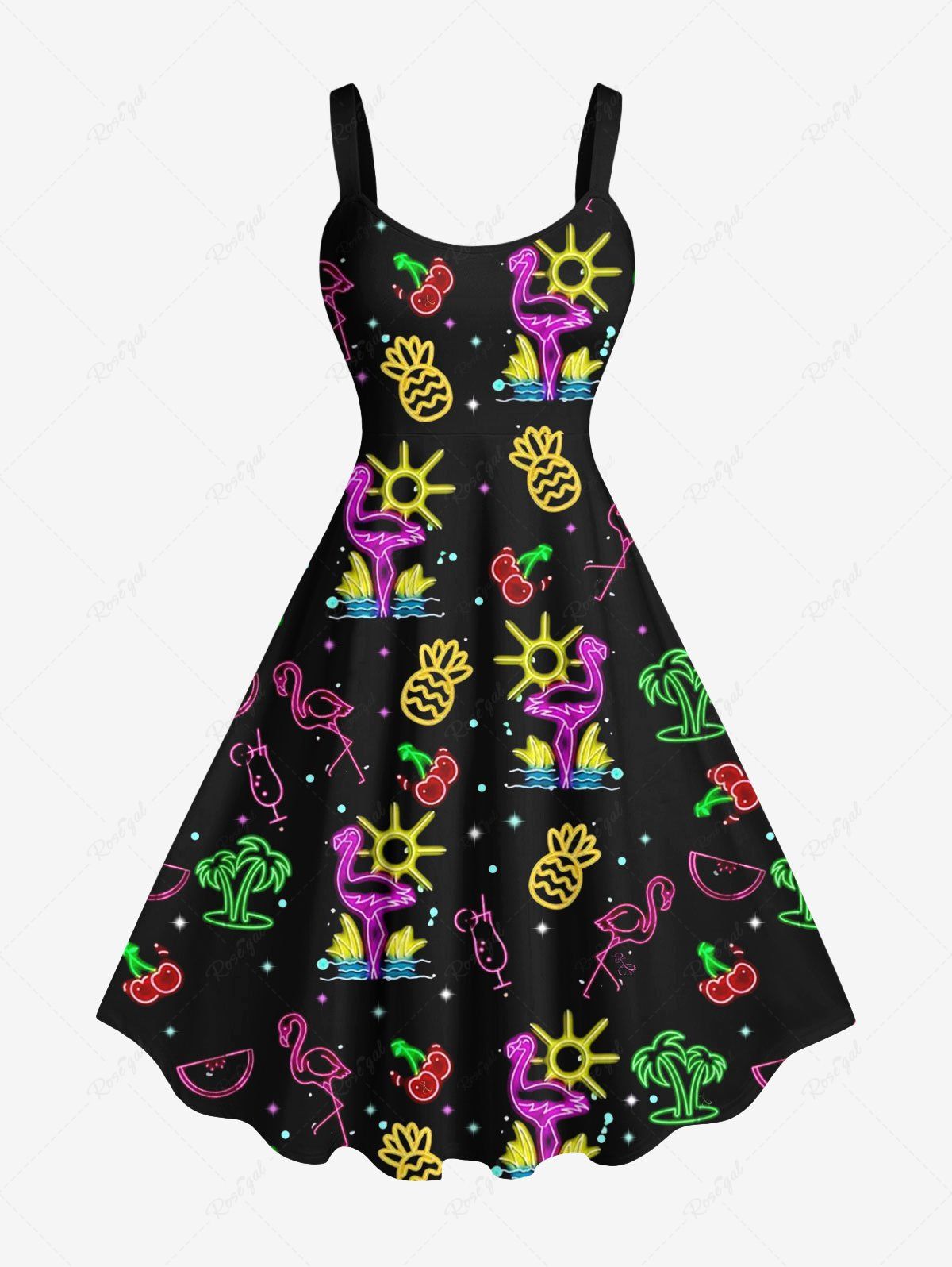 Shop Plus Size Coconut Tree Flamingo Pineapple Cherry Neon 3D Print Hawaii Tank Dress  