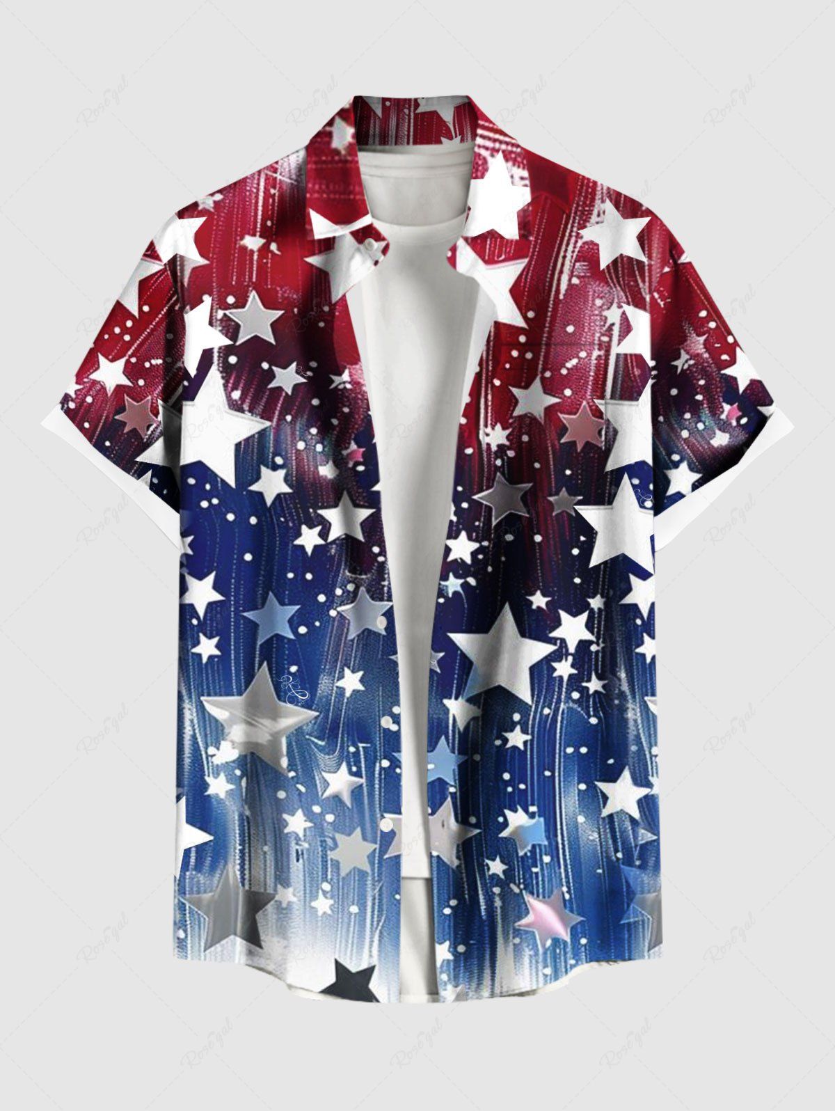 Hot Plus Size Patriotic American Flag Ombre Colorblock Print Buttons Pocket Shirt For Men  
