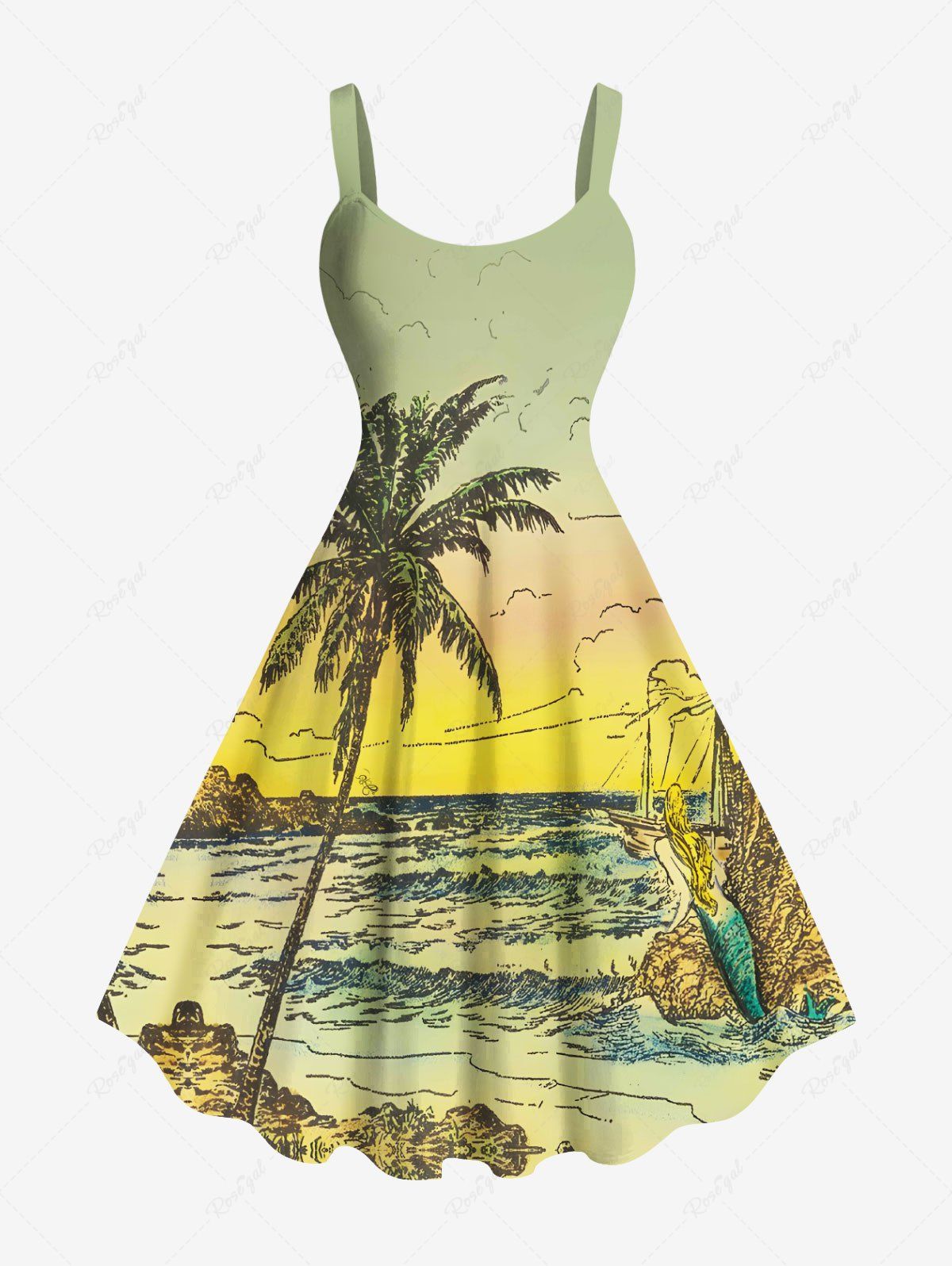 Fancy Plus Size Coconut Tree Mermaid Seascape Print Hawaii Tank Dress  