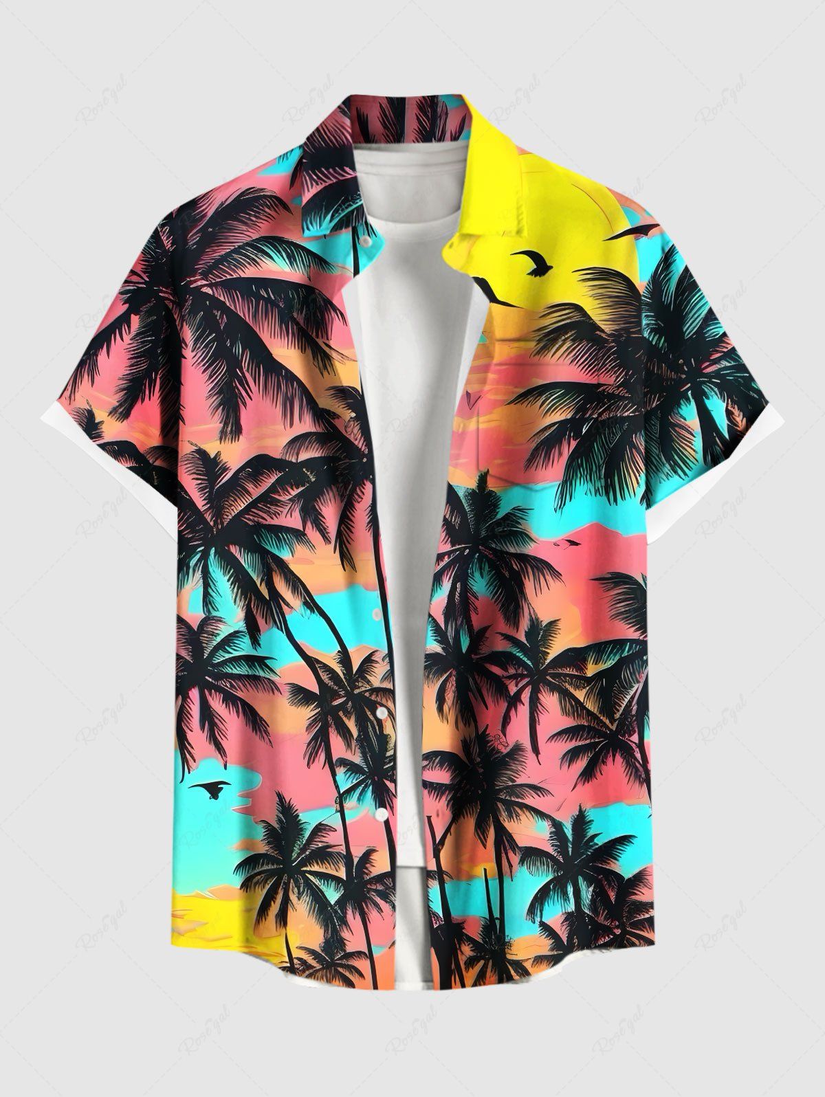 Discount Plus Size Coconut Tree Colorful Sky Print Buttons Pocket Hawaii Shirt For Men  
