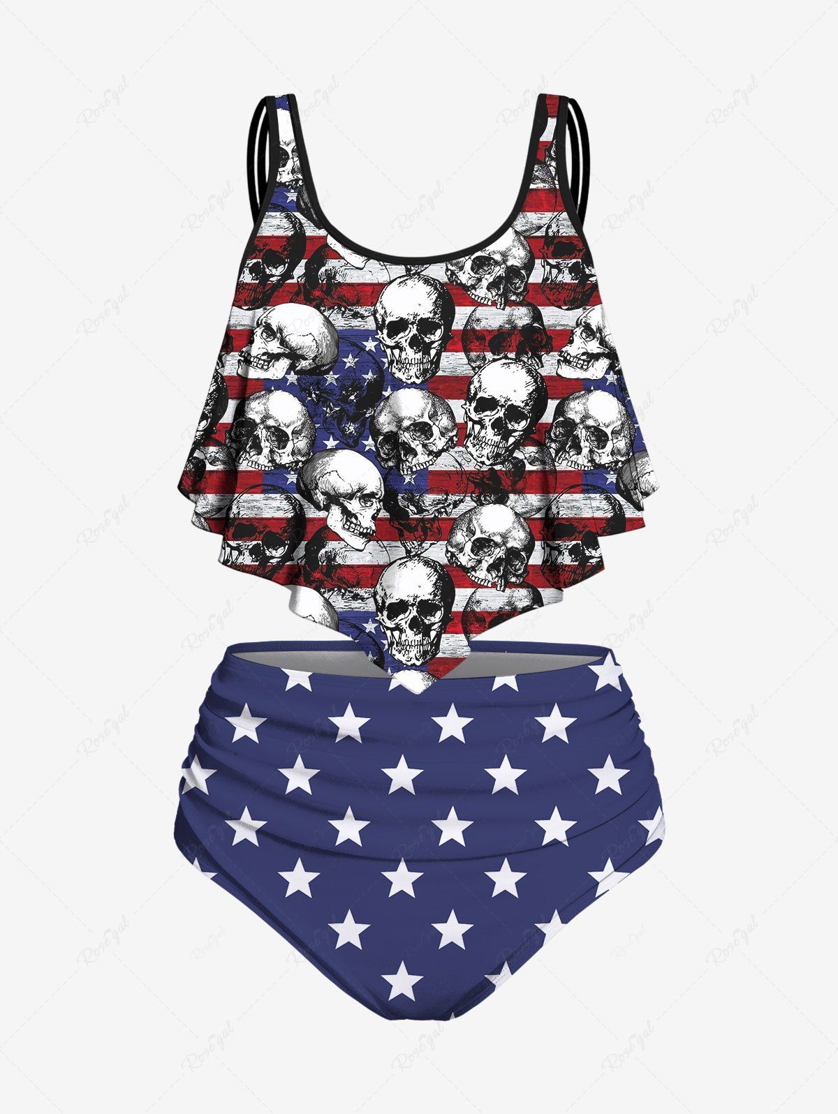 Buy Plus Size Patriotic American Flag Skulls Print Overlay Ruched Tankini Swimsuit  