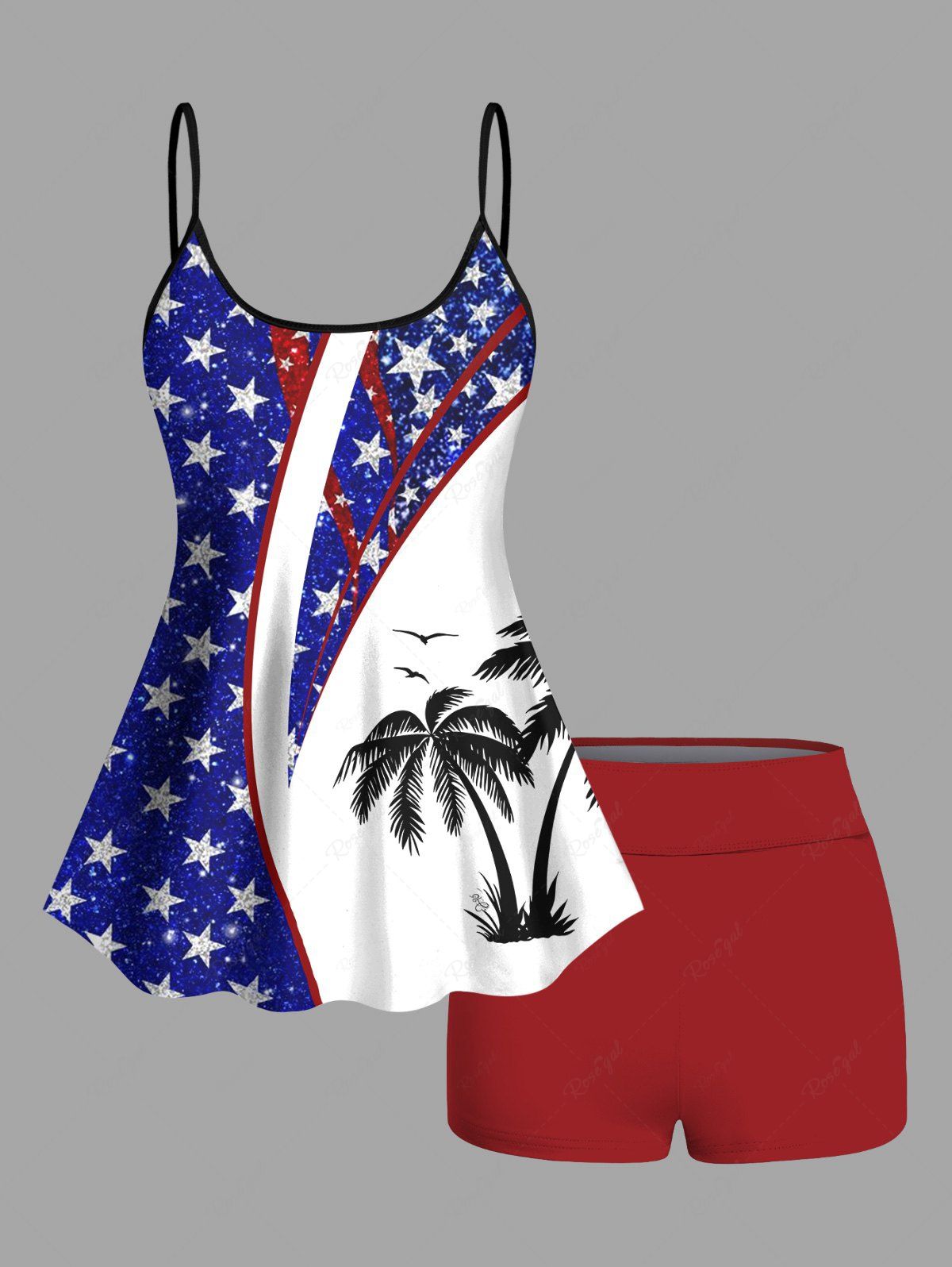 Buy Plus Size Patriotic American Flag Coconut Tree Print Hawaii Tankini Swimsuit  