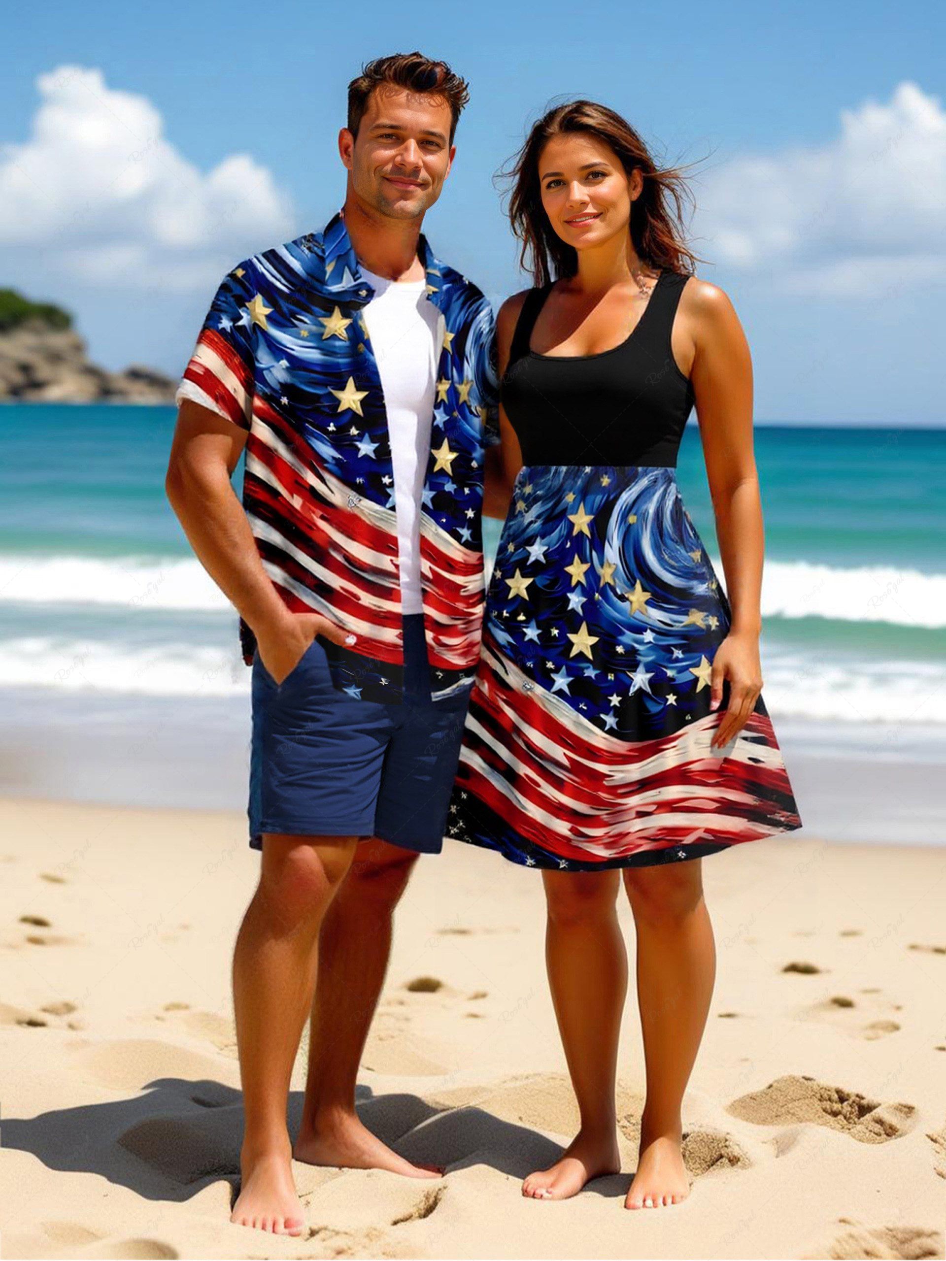 Chic Patriotic American Flag Swirls Oil Painting Print Plus Size Matching Outfit For Couples  