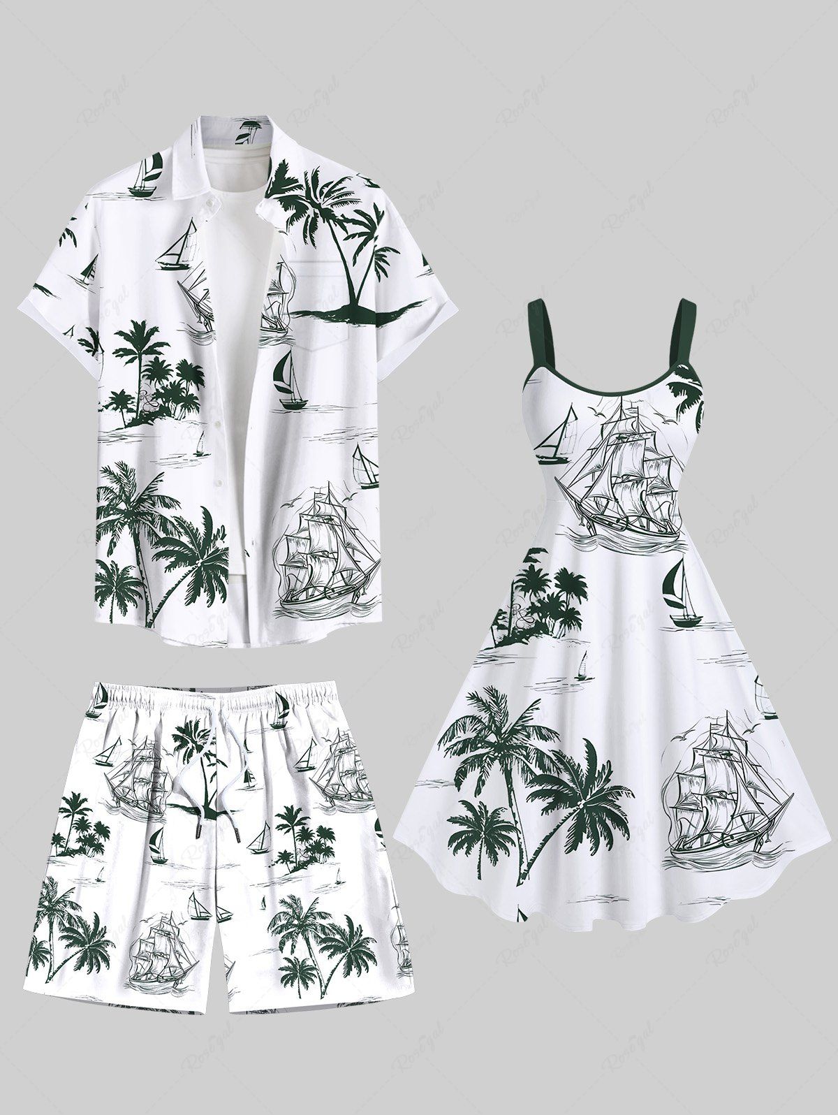 Tenue de plage hawaïenne assortie grande taille à imprimé cocotier et voilier pour couples Blanc 
