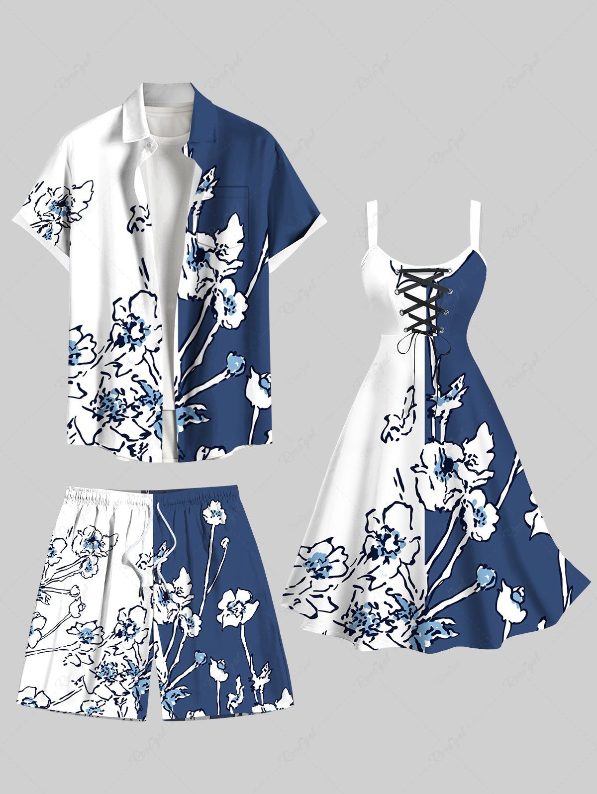 Tenue de plage hawaïenne assortie grande taille à imprimé floral contrasté et colorblock pour couples Blanc 