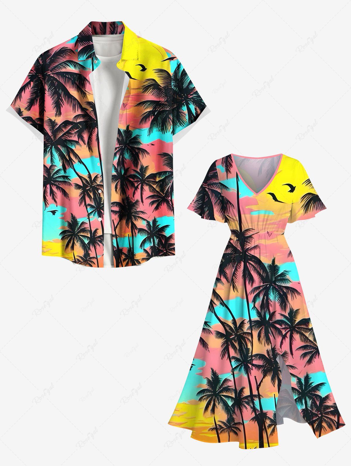 Outfit Coconut Tree Colorful Sky Print Plus Size Matching Hawaii Beach Outfit For Couples  