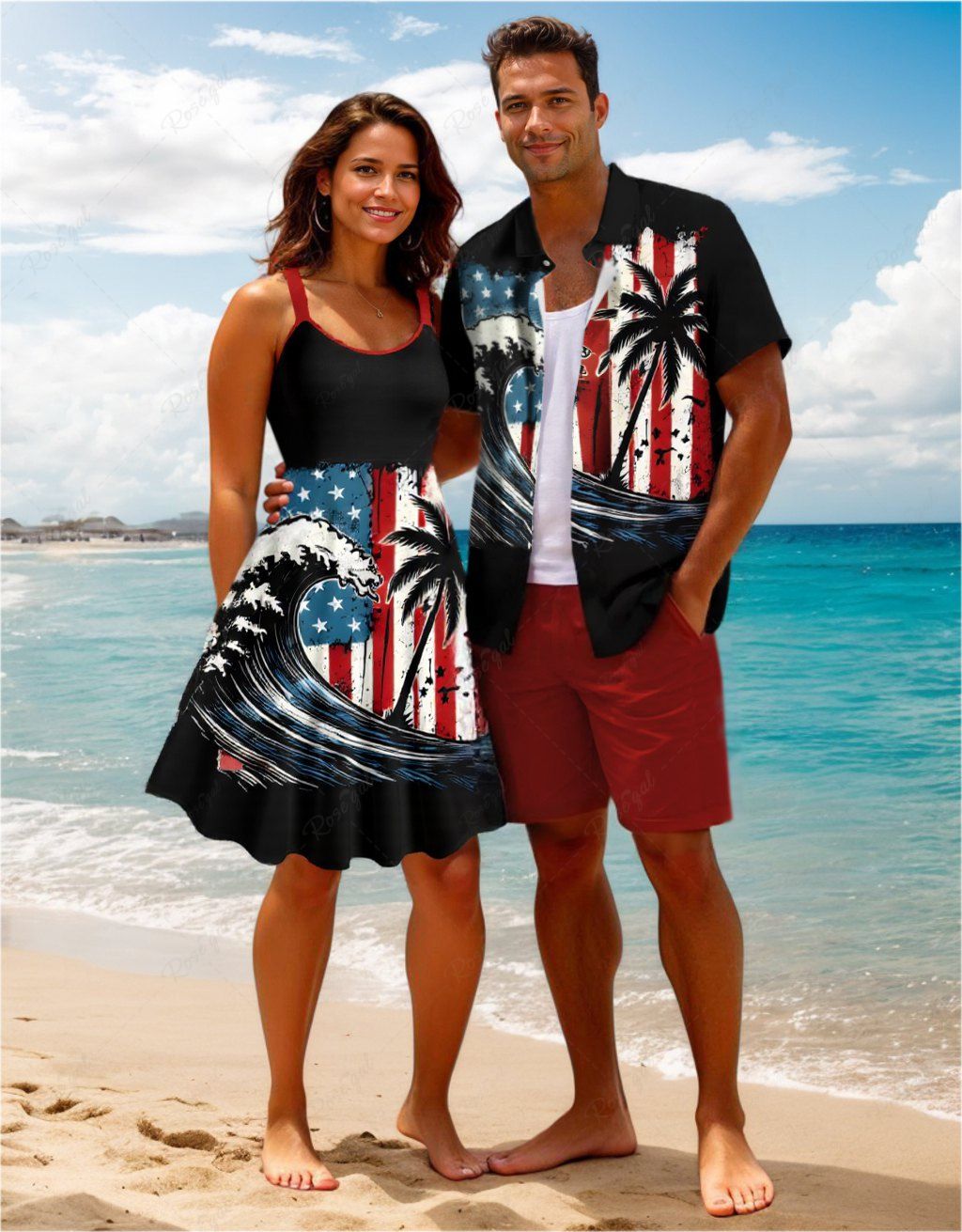 Affordable Coconut Tree Patriotic American Flag Sea Waves Print Plus Size Matching Hawaii Beach Outfit For Couples  