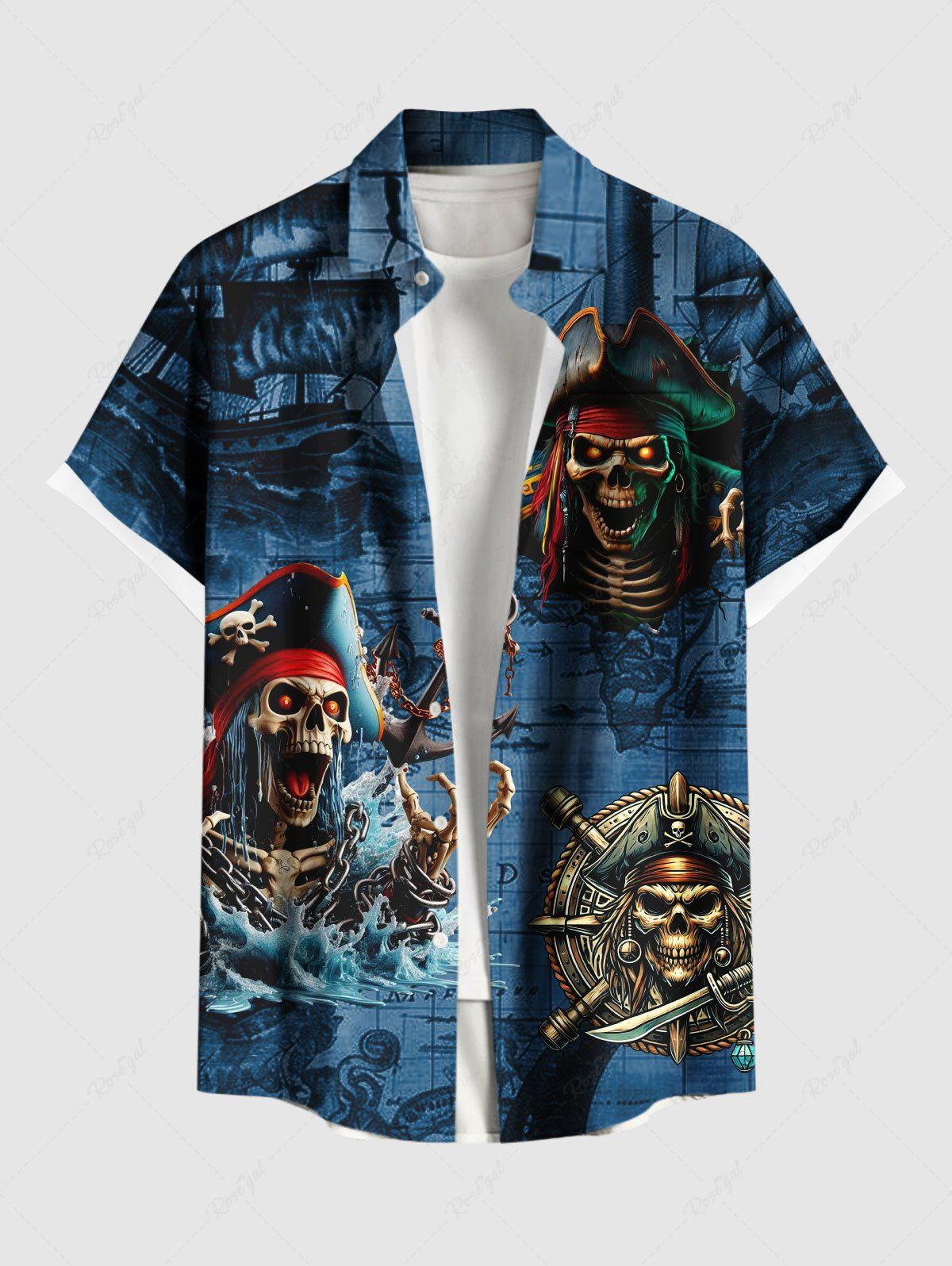 Shops Plus Size Skull Pirate Sea Waves Sailboat Print Hawaii Cruise Ombre Button Pocket Shirt For Men  